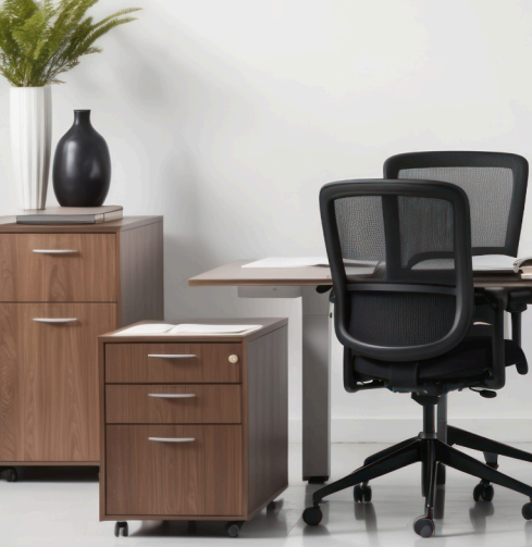 Modern office setup with desk and storage